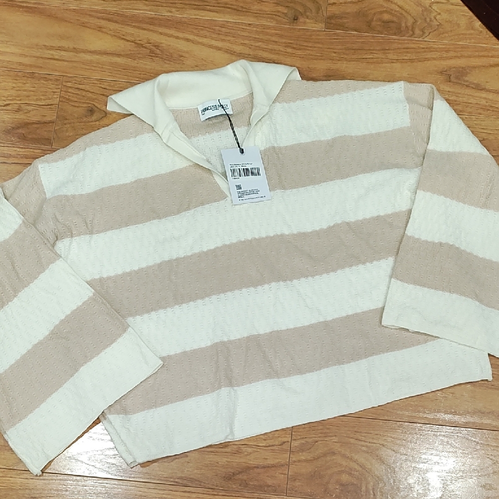 Princess Polly Cream and Tan Striped Wide Sleeve Sweater